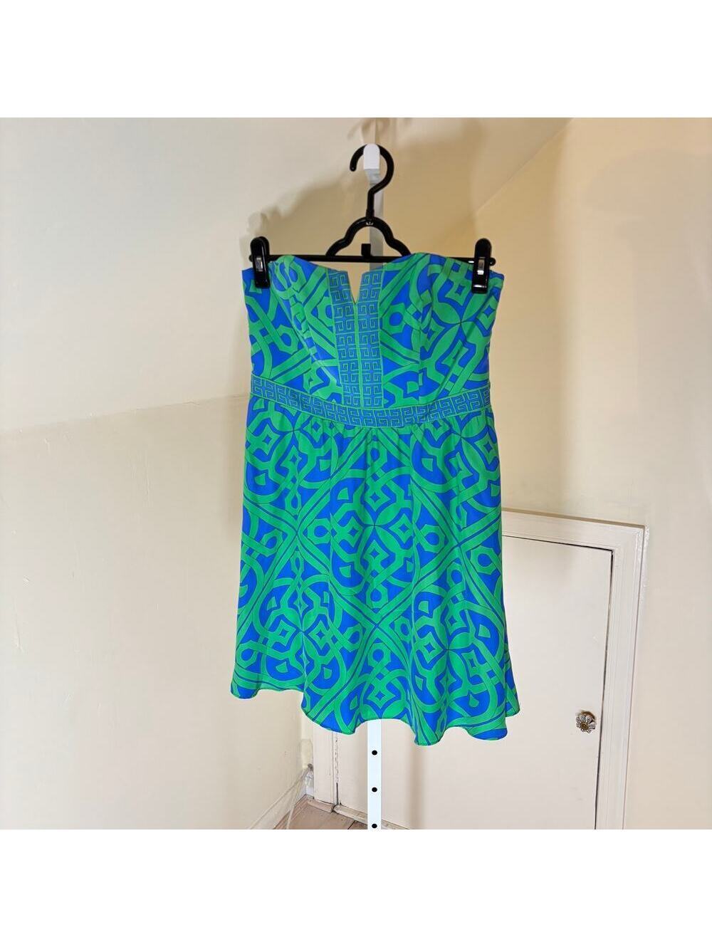 Alice & Trixie EUC Women's Green Blue Silk Strapless Geo Print Dress Size M